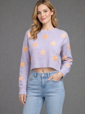 Mabel Stardust Lavender Crop Sweater Small Pastel Fuzzy Star Cozy Knit Kawaii
